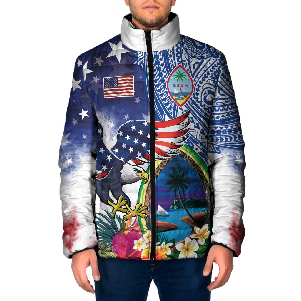 Guam and United States Together Padded Jacket Bald Eagle and Guam Seal with Flower and Tribal Tattoos - Polynesian Pride