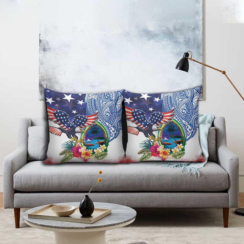 Guam and United States Together Pillow Cover Bald Eagle and Guam Seal with Flower and Tribal Tattoos - Polynesian Pride