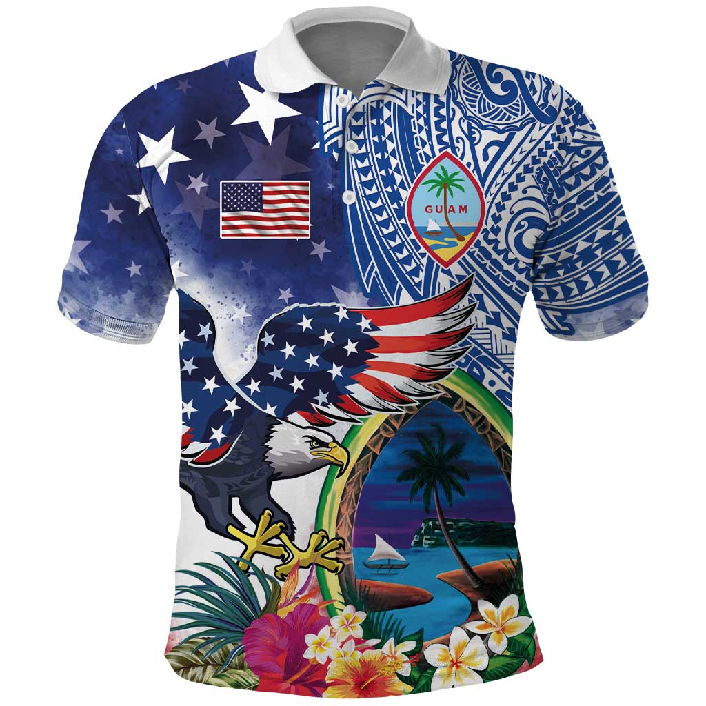Guam and United States Together Polo Shirt Bald Eagle and Guam Seal with Flower and Tribal Tattoos - Polynesian Pride