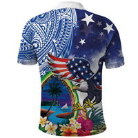 Guam and United States Together Polo Shirt Bald Eagle and Guam Seal with Flower and Tribal Tattoos - Polynesian Pride
