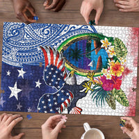 Guam and United States Together Puzzle Bald Eagle and Guam Seal with Flower and Tribal Tattoos - Polynesian Pride