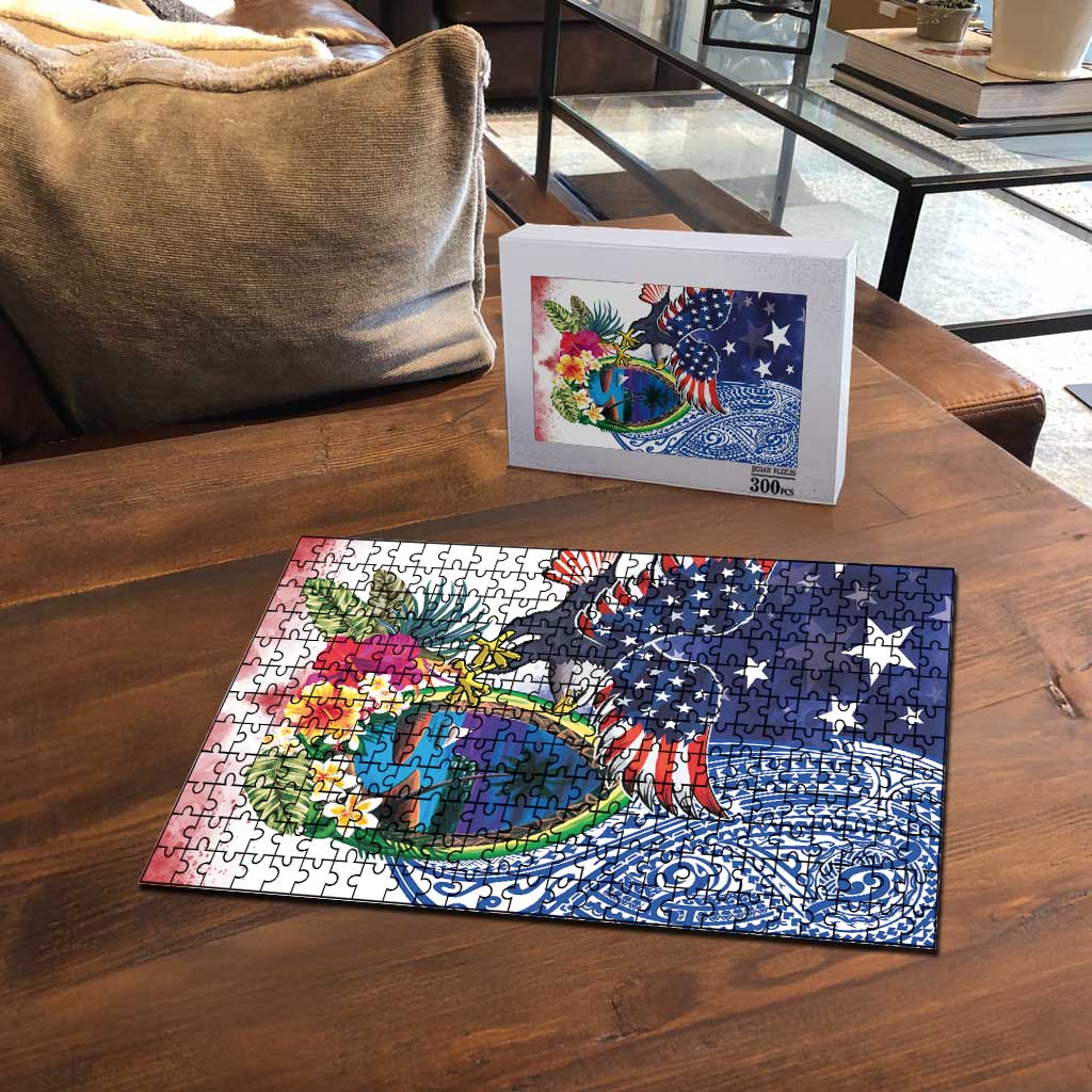 Guam and United States Together Puzzle Bald Eagle and Guam Seal with Flower and Tribal Tattoos - Polynesian Pride