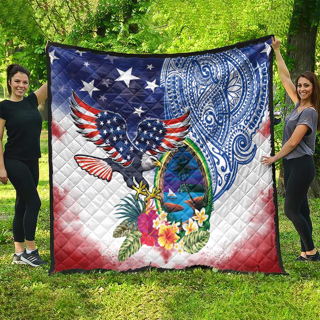 Guam and United States Together Quilt Bald Eagle and Guam Seal with Flower and Tribal Tattoos - Polynesian Pride