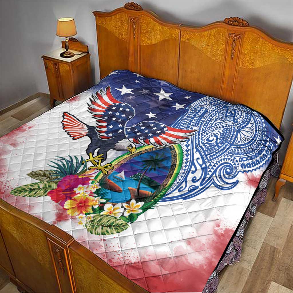Guam and United States Together Quilt Bald Eagle and Guam Seal with Flower and Tribal Tattoos - Polynesian Pride