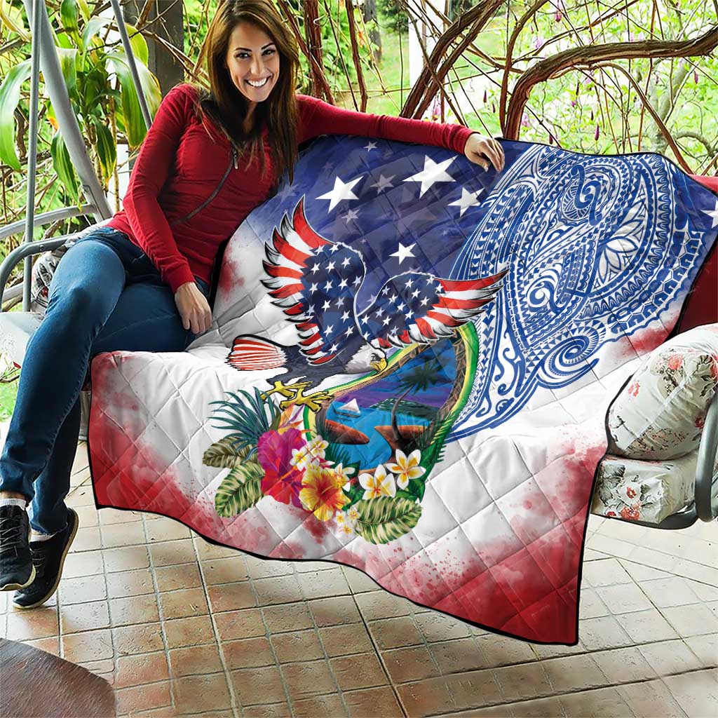 Guam and United States Together Quilt Bald Eagle and Guam Seal with Flower and Tribal Tattoos - Polynesian Pride