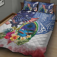 Guam and United States Together Quilt Bed Set Bald Eagle and Guam Seal with Flower and Tribal Tattoos - Polynesian Pride