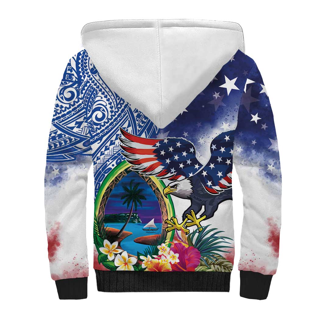 Guam and United States Together Sherpa Hoodie Bald Eagle and Guam Seal with Flower and Tribal Tattoos - Polynesian Pride