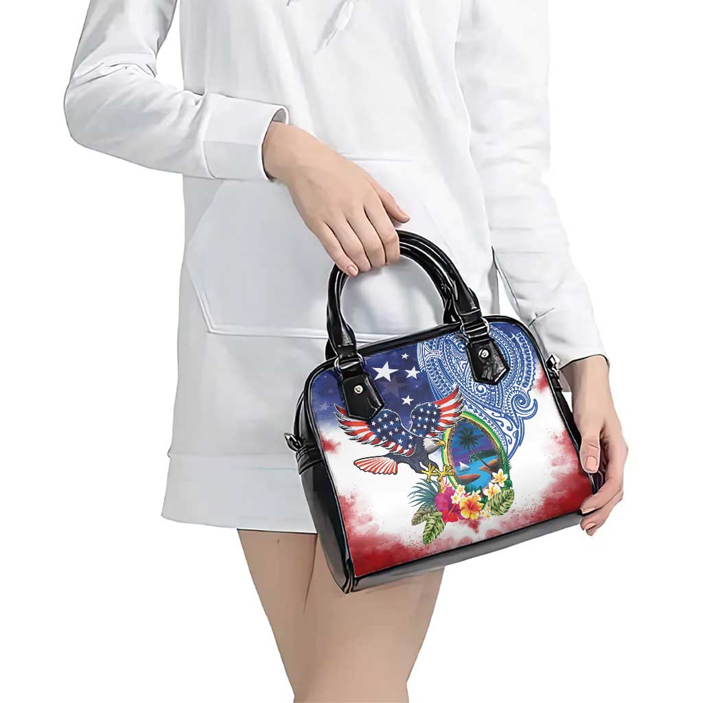 Guam and United States Together Shoulder Handbag Bald Eagle and Guam Seal with Flower and Tribal Tattoos - Polynesian Pride