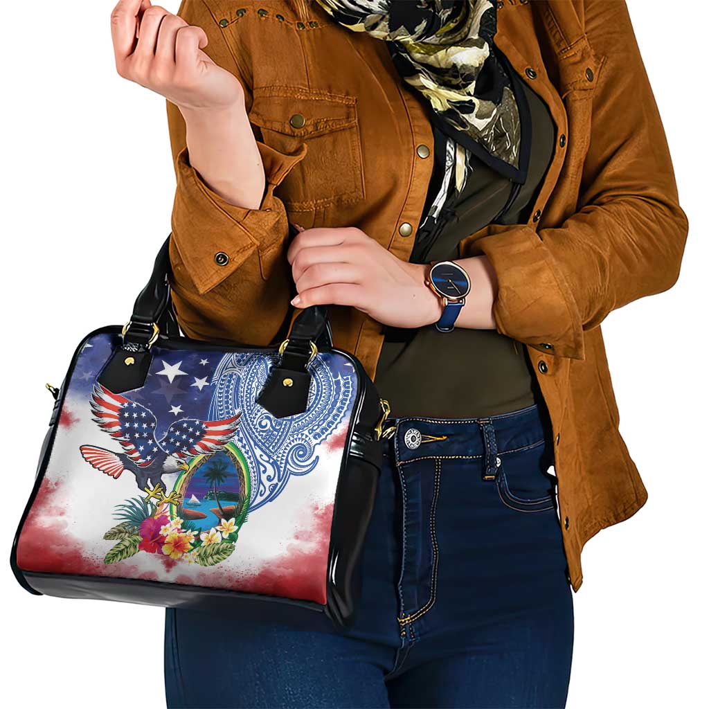 Guam and United States Together Shoulder Handbag Bald Eagle and Guam Seal with Flower and Tribal Tattoos - Polynesian Pride