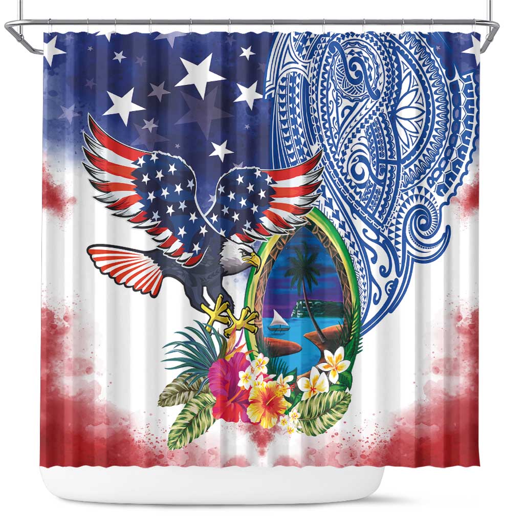 Guam and United States Together Shower Curtain Bald Eagle and Guam Seal with Flower and Tribal Tattoos - Polynesian Pride