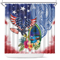 Guam and United States Together Shower Curtain Bald Eagle and Guam Seal with Flower and Tribal Tattoos - Polynesian Pride