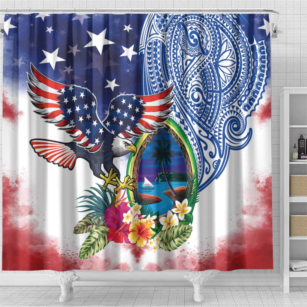 Guam and United States Together Shower Curtain Bald Eagle and Guam Seal with Flower and Tribal Tattoos - Polynesian Pride