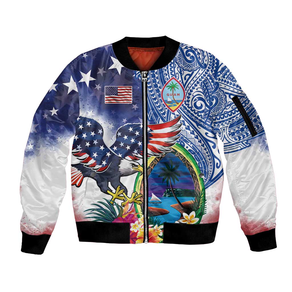 Guam and United States Together Sleeve Zip Bomber Jacket Bald Eagle and Guam Seal with Flower and Tribal Tattoos - Polynesian Pride