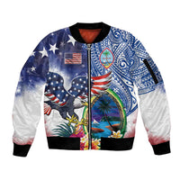 Guam and United States Together Sleeve Zip Bomber Jacket Bald Eagle and Guam Seal with Flower and Tribal Tattoos - Polynesian Pride