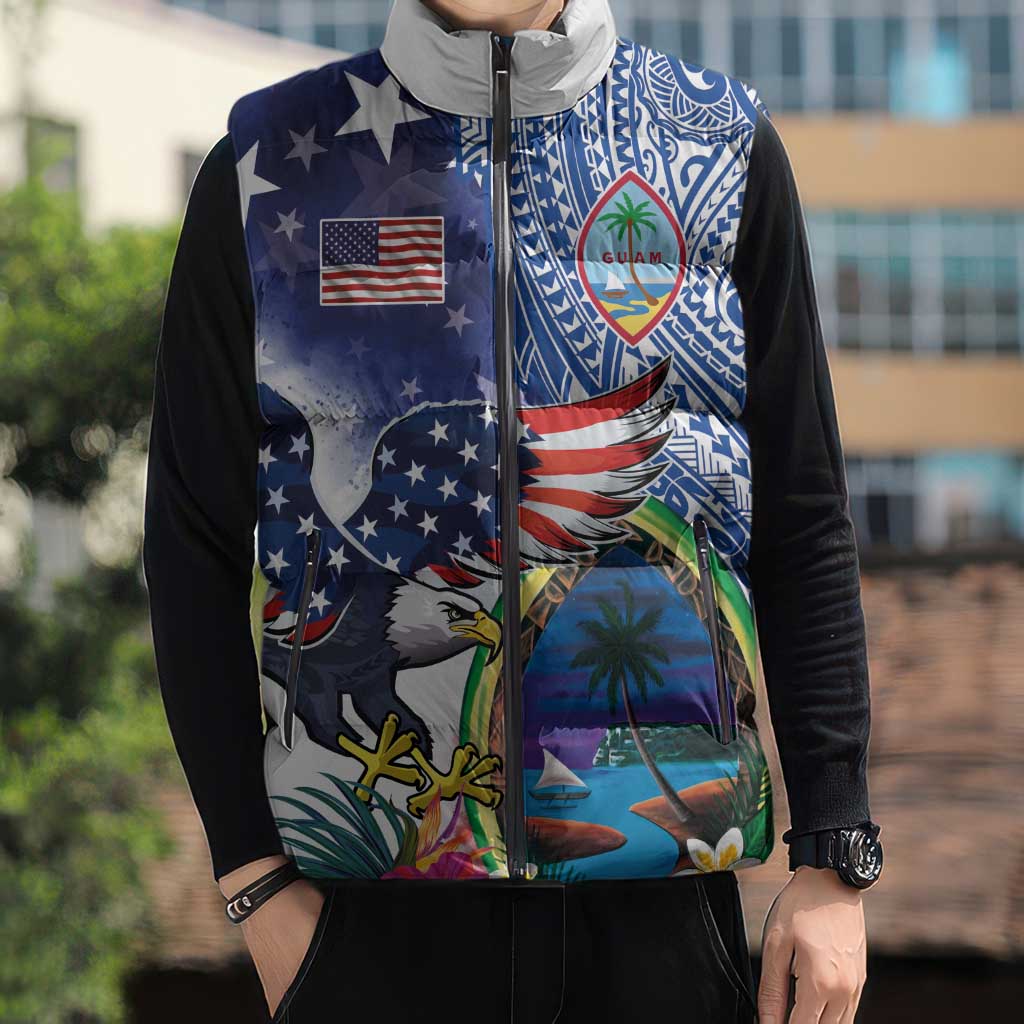 Guam and United States Together Sleeveless Puffer Jacket Bald Eagle and Guam Seal with Flower and Tribal Tattoos - Polynesian Pride