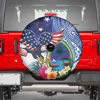 Guam and United States Together Spare Tire Cover Bald Eagle and Guam Seal with Flower and Tribal Tattoos - Polynesian Pride