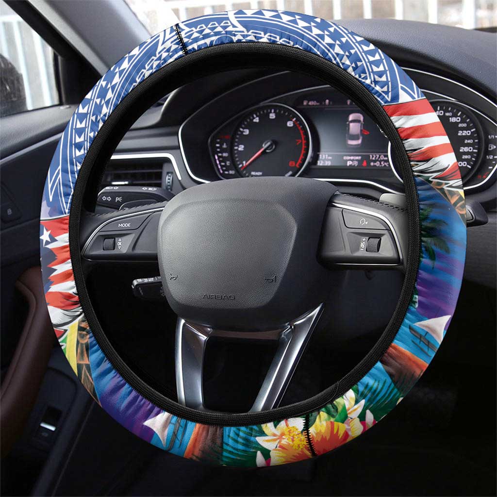 Guam and United States Together Steering Wheel Cover Bald Eagle and Guam Seal with Flower and Tribal Tattoos - Polynesian Pride