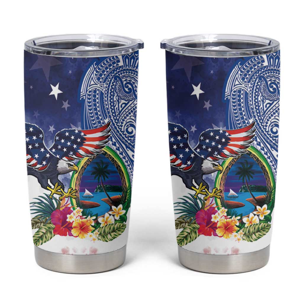 Guam and United States Together Tumbler Cup Bald Eagle and Guam Seal with Flower and Tribal Tattoos - Polynesian Pride