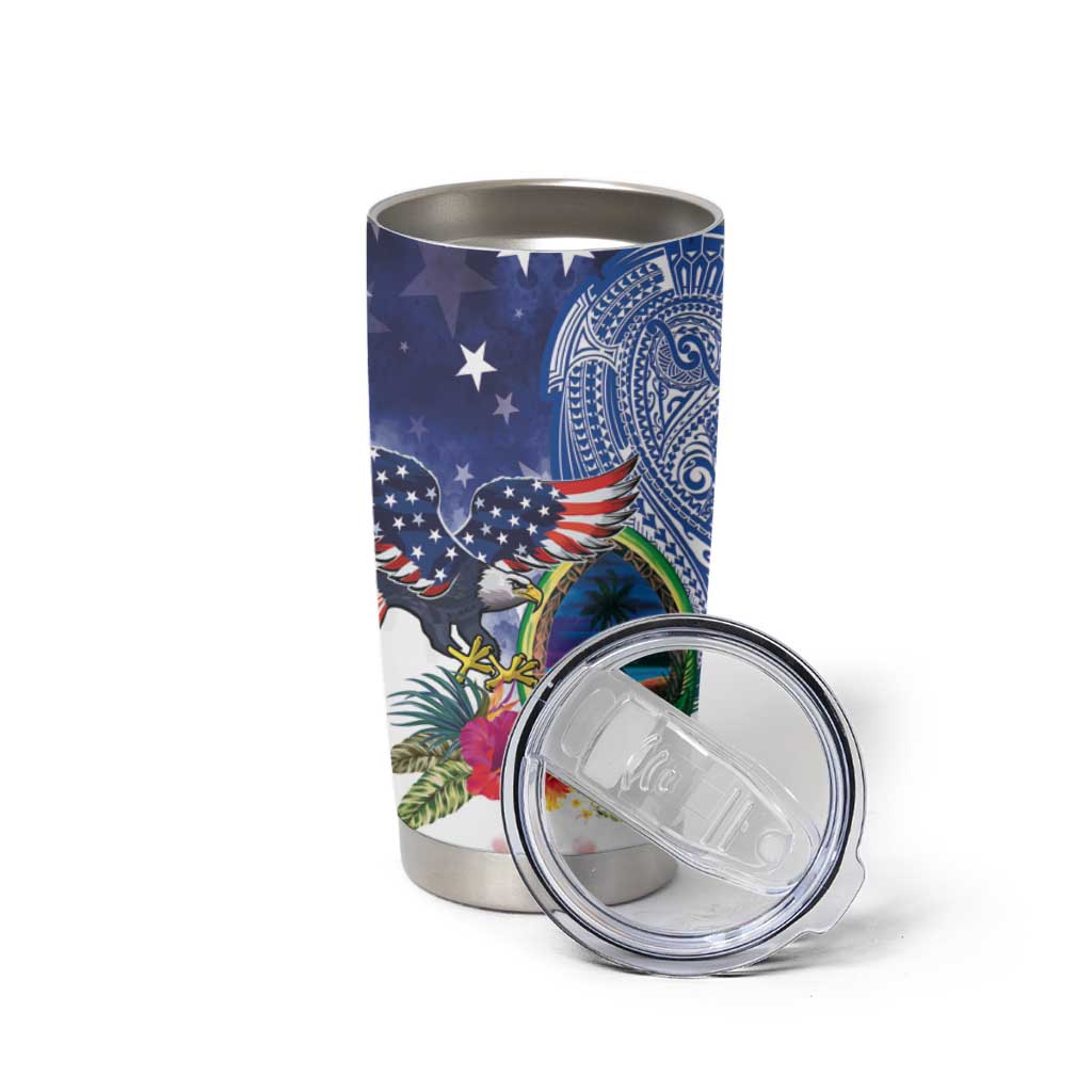 Guam and United States Together Tumbler Cup Bald Eagle and Guam Seal with Flower and Tribal Tattoos - Polynesian Pride
