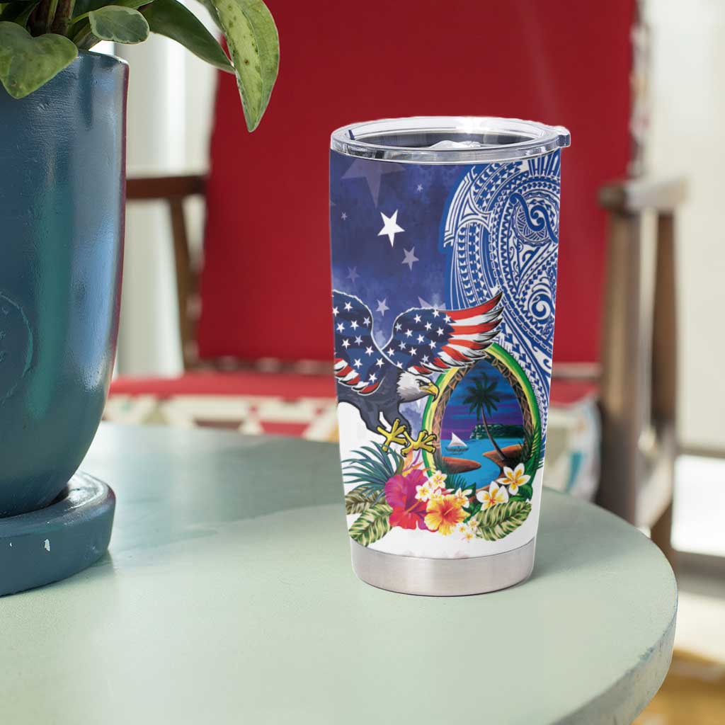 Guam and United States Together Tumbler Cup Bald Eagle and Guam Seal with Flower and Tribal Tattoos - Polynesian Pride
