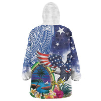 Guam and United States Together Wearable Blanket Hoodie Bald Eagle and Guam Seal with Flower and Tribal Tattoos - Polynesian Pride