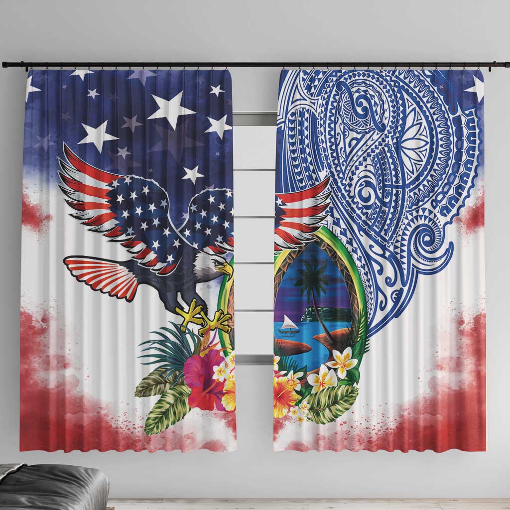 Guam and United States Together Window Curtain Bald Eagle and Guam Seal with Flower and Tribal Tattoos - Polynesian Pride