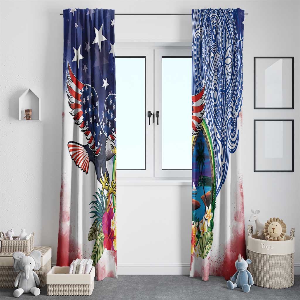 Guam and United States Together Window Curtain Bald Eagle and Guam Seal with Flower and Tribal Tattoos - Polynesian Pride