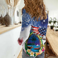 Guam and United States Together Women Casual Shirt Bald Eagle and Guam Seal with Flower and Tribal Tattoos - Polynesian Pride