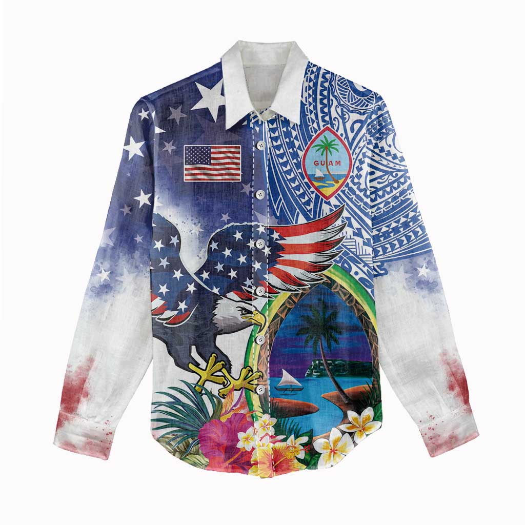 Guam and United States Together Women Casual Shirt Bald Eagle and Guam Seal with Flower and Tribal Tattoos - Polynesian Pride