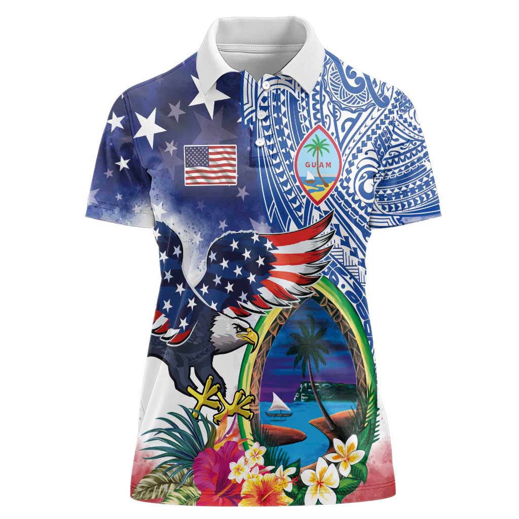 Guam and United States Together Women Polo Shirt Bald Eagle and Guam Seal with Flower and Tribal Tattoos - Polynesian Pride