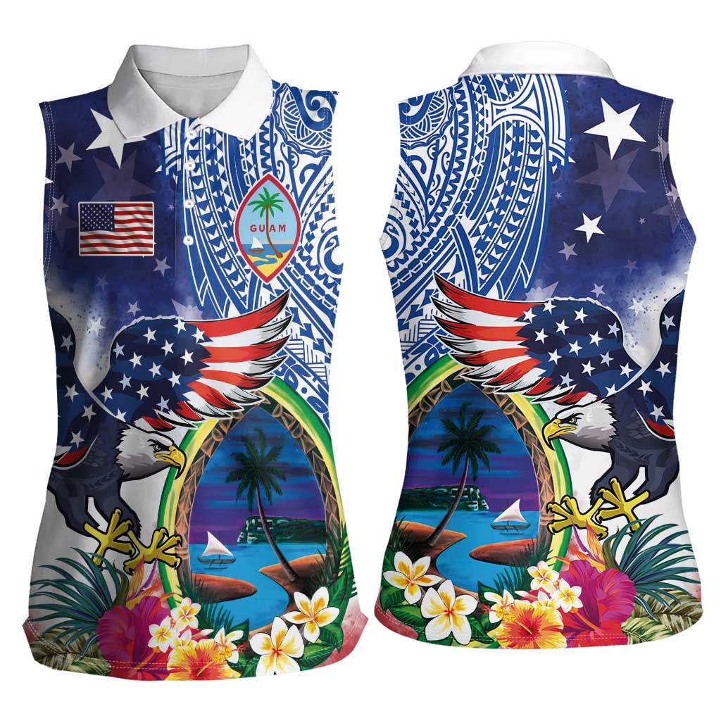Guam and United States Together Women Sleeveless Polo Shirt Bald Eagle and Guam Seal with Flower and Tribal Tattoos - Polynesian Pride