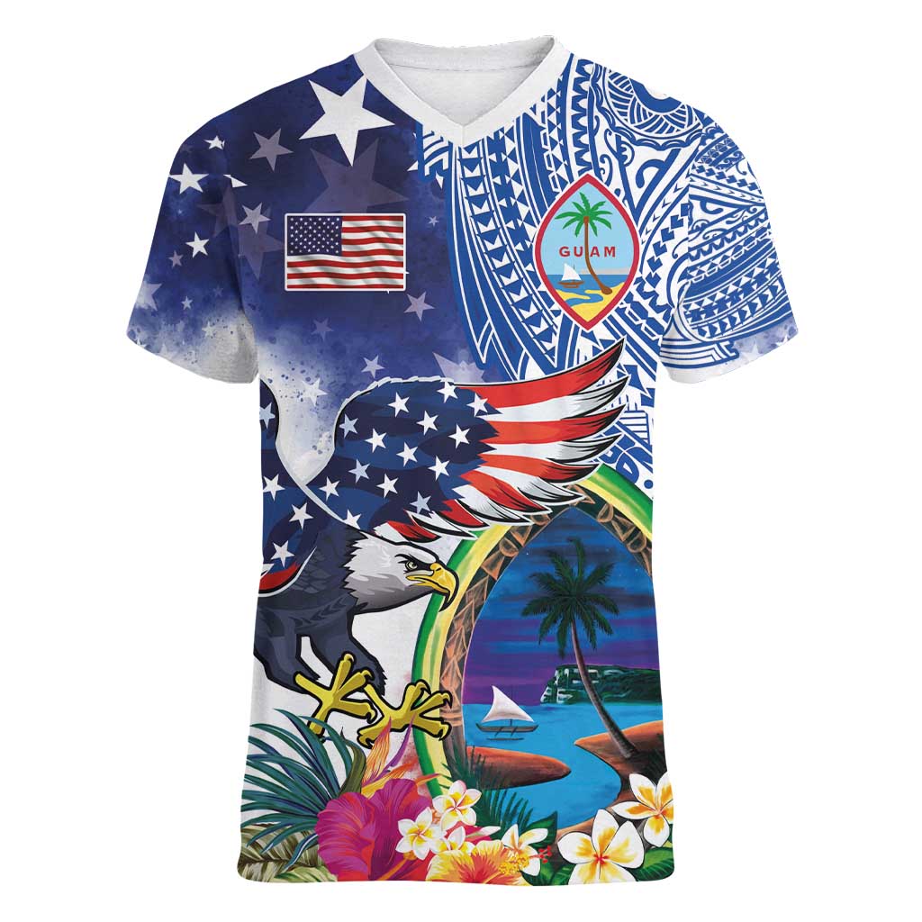 Guam and United States Together Women V-Neck T-Shirt Bald Eagle and Guam Seal with Flower and Tribal Tattoos - Polynesian Pride