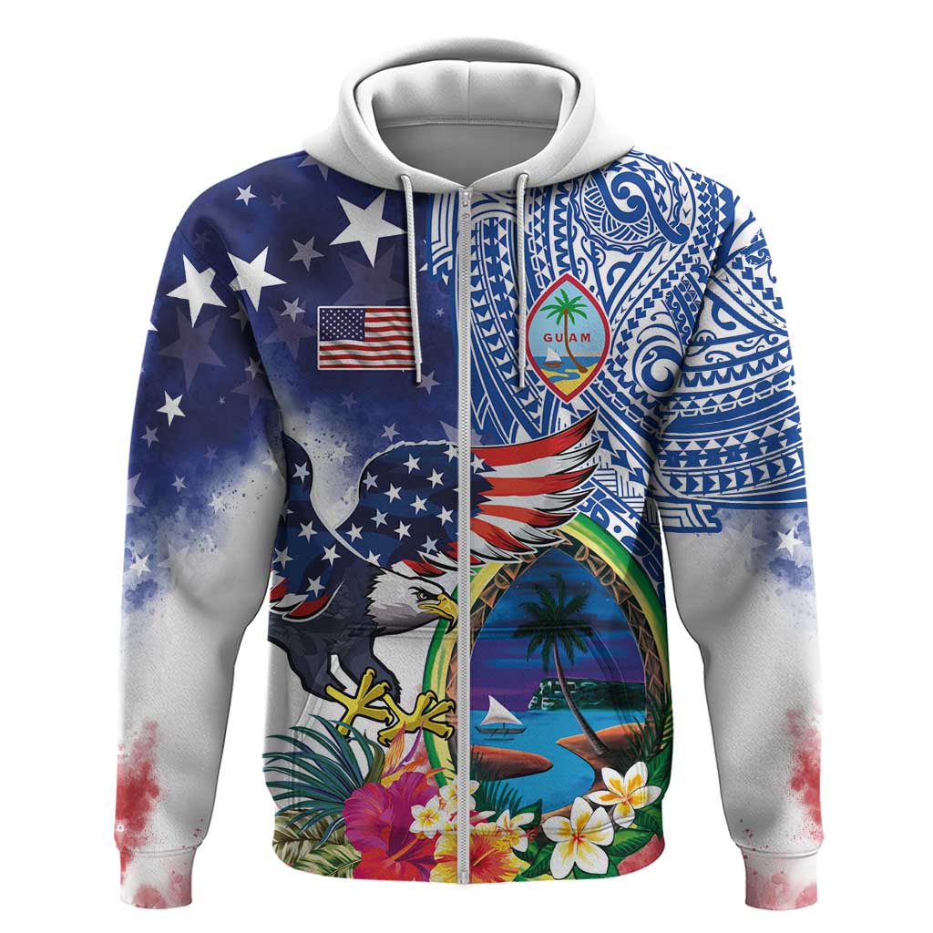 Guam and United States Together Zip Hoodie Bald Eagle and Guam Seal with Flower and Tribal Tattoos - Polynesian Pride