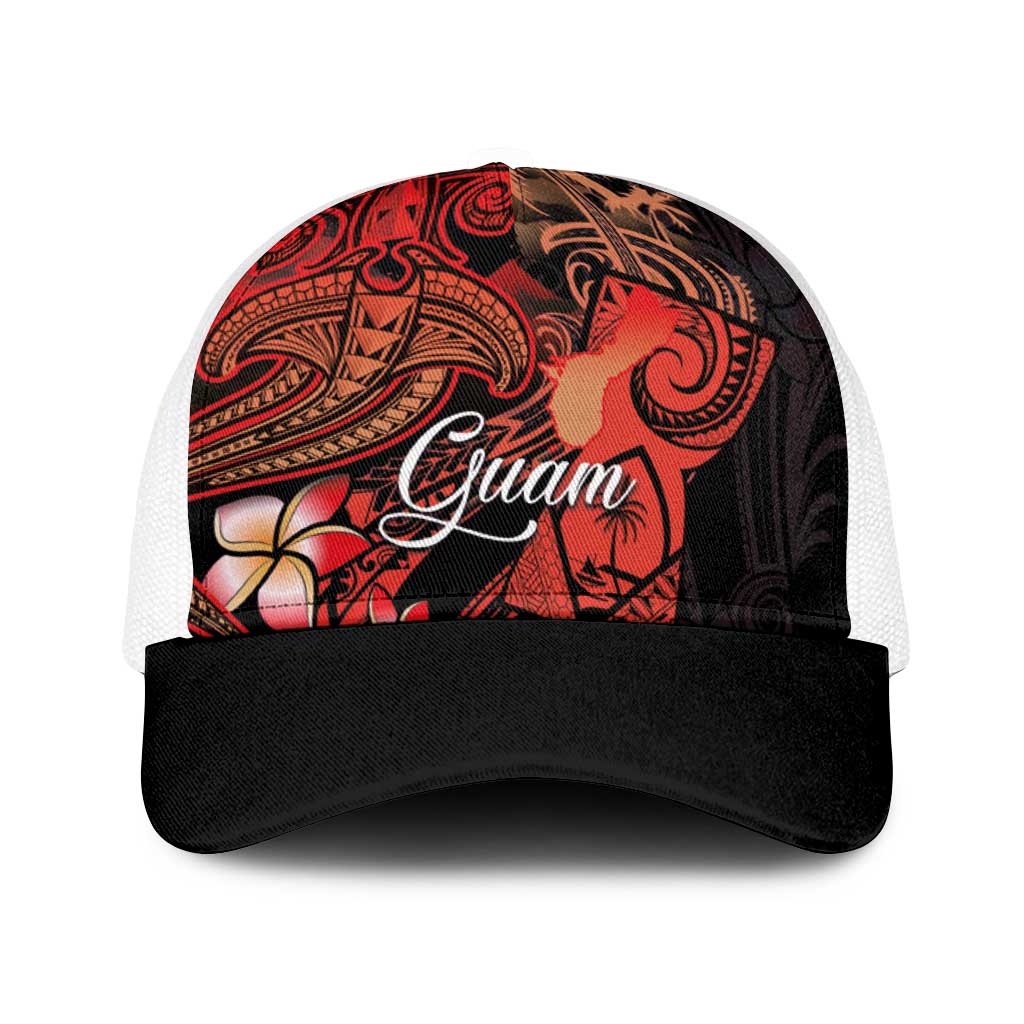 Guam Tribal Chamorro Baseball Net Cap Polynesian Shark with Plumeria and Sea Vibe - Polynesian Pride