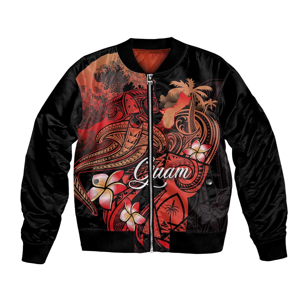 Guam Tribal Chamorro Bomber Jacket Polynesian Shark with Plumeria and Sea Vibe - Polynesian Pride