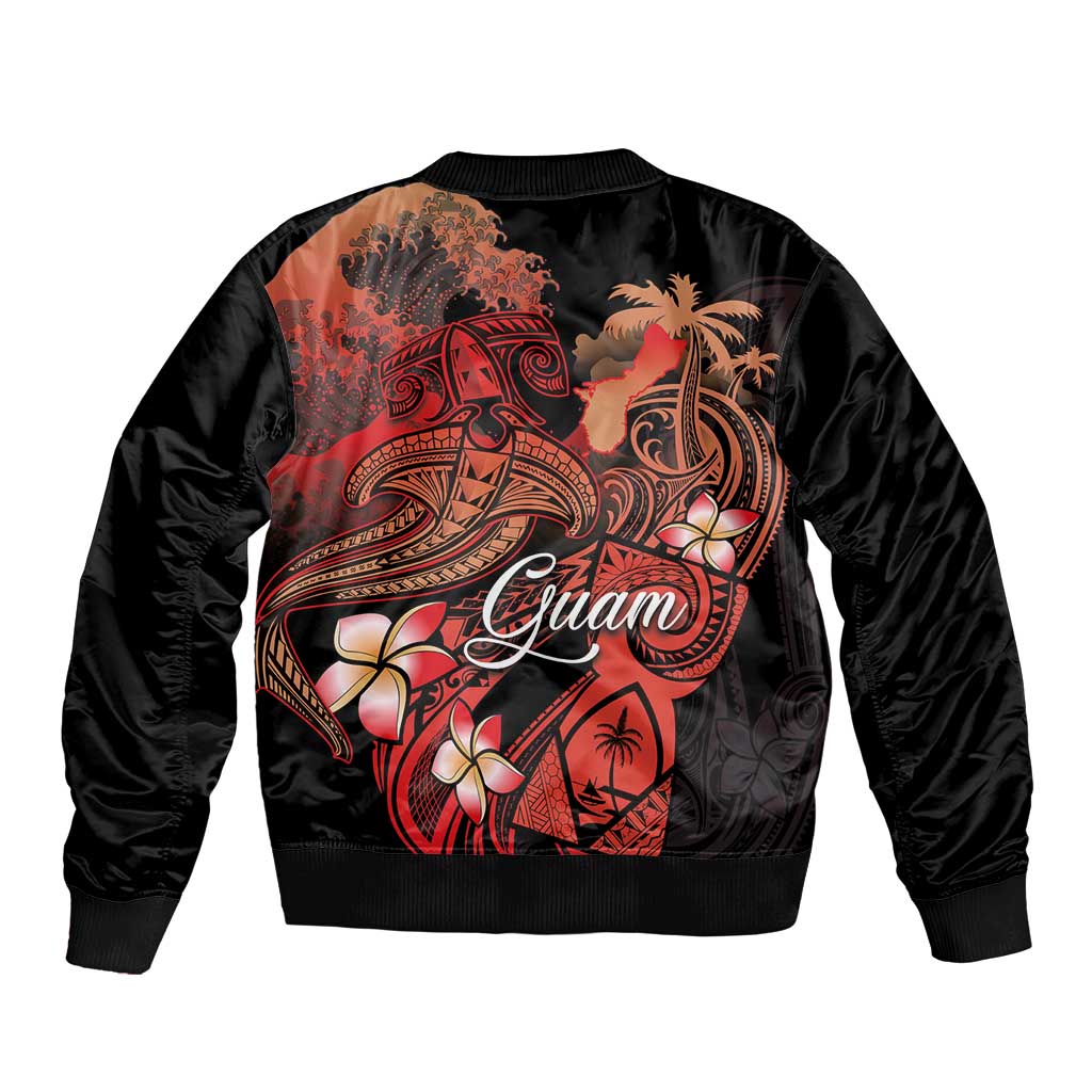Guam Tribal Chamorro Bomber Jacket Polynesian Shark with Plumeria and Sea Vibe - Polynesian Pride