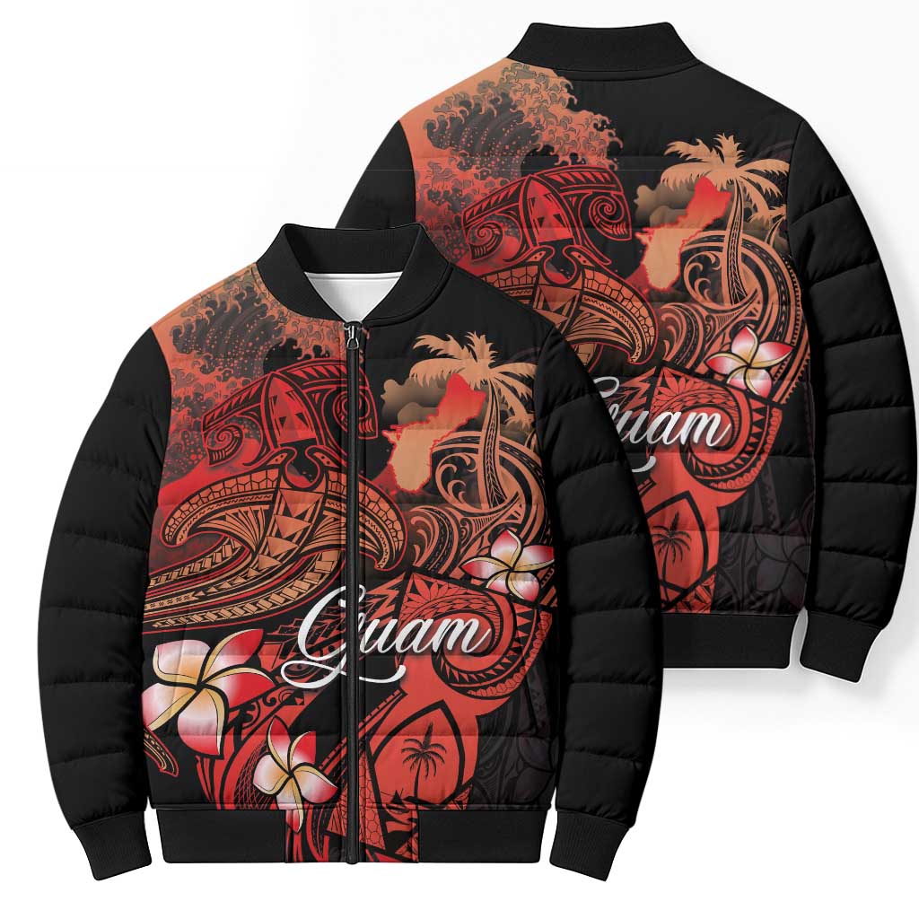 Guam Tribal Chamorro Bomber Puffer Jacket Polynesian Shark with Plumeria and Sea Vibe - Polynesian Pride