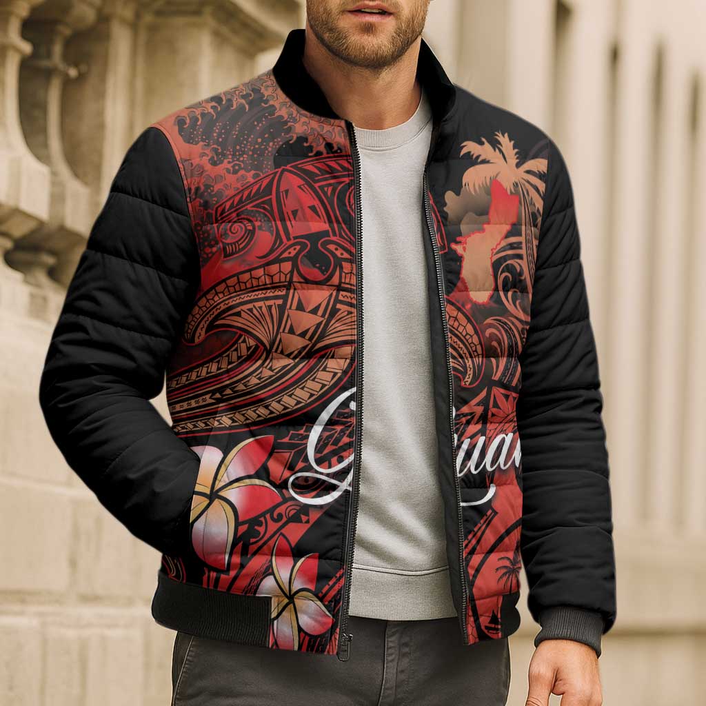 Guam Tribal Chamorro Bomber Puffer Jacket Polynesian Shark with Plumeria and Sea Vibe - Polynesian Pride