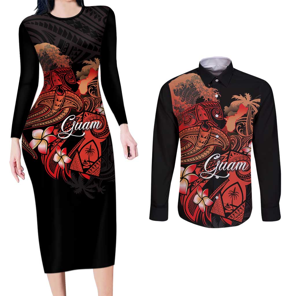 Guam Tribal Chamorro Couples Matching Long Sleeve Bodycon Dress and Long Sleeve Button Shirt Polynesian Shark with Plumeria and Sea Vibe - Polynesian Pride