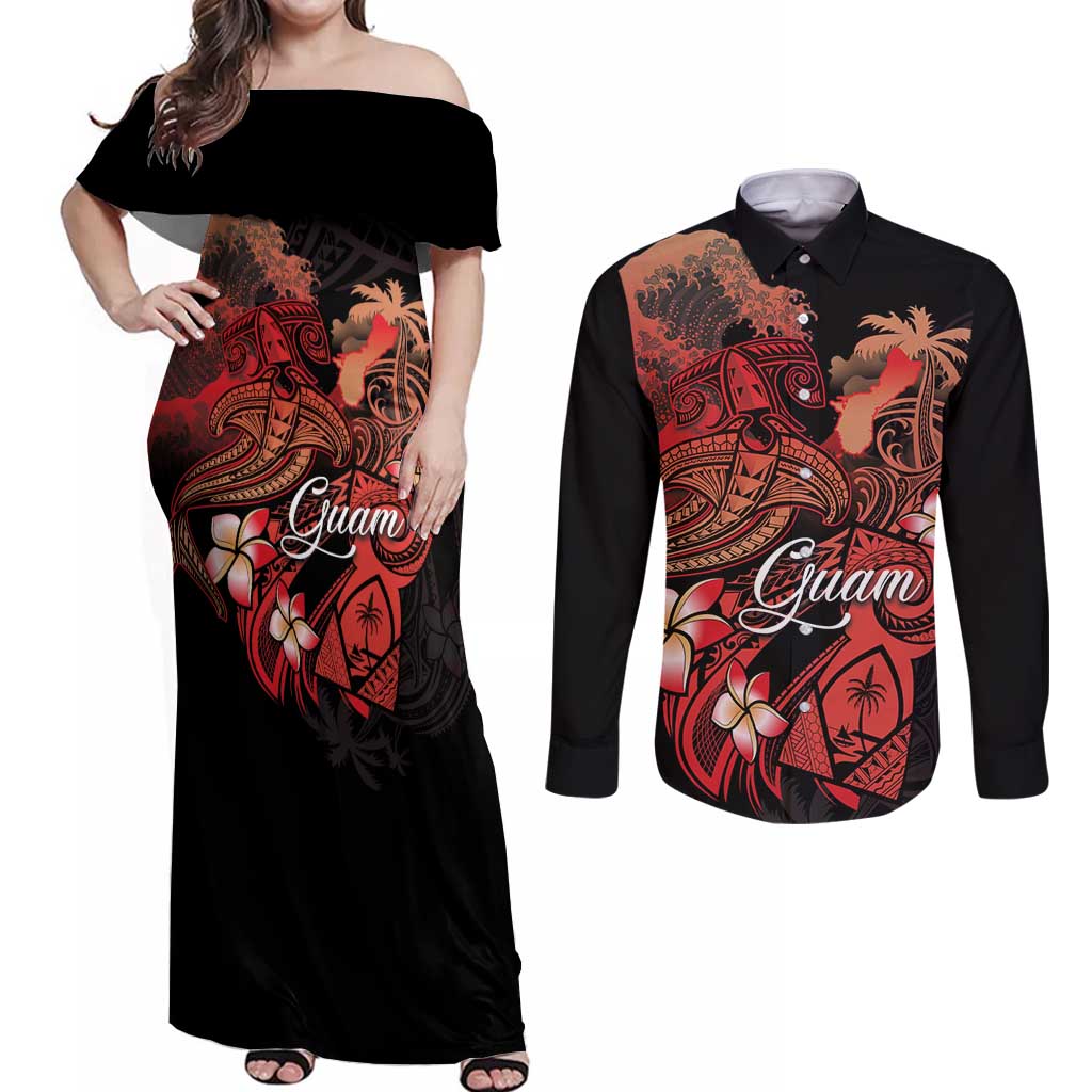 Guam Tribal Chamorro Couples Matching Off Shoulder Maxi Dress and Long Sleeve Button Shirt Polynesian Shark with Plumeria and Sea Vibe - Polynesian Pride