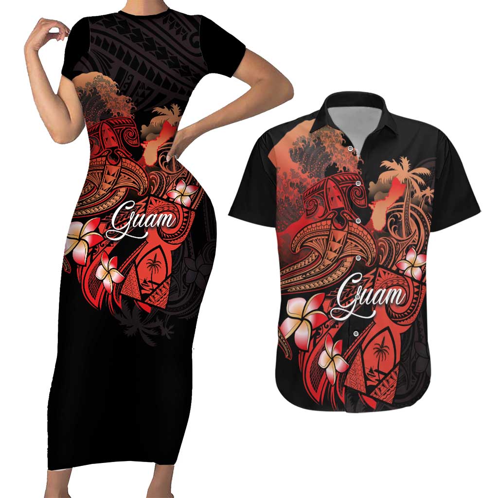 Guam Tribal Chamorro Couples Matching Short Sleeve Bodycon Dress and Hawaiian Shirt Polynesian Shark with Plumeria and Sea Vibe - Polynesian Pride