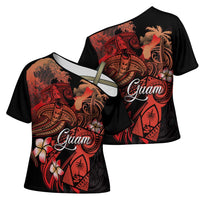 Guam Tribal Chamorro Cross Shoulder Shirt Polynesian Shark with Plumeria and Sea Vibe - Polynesian Pride