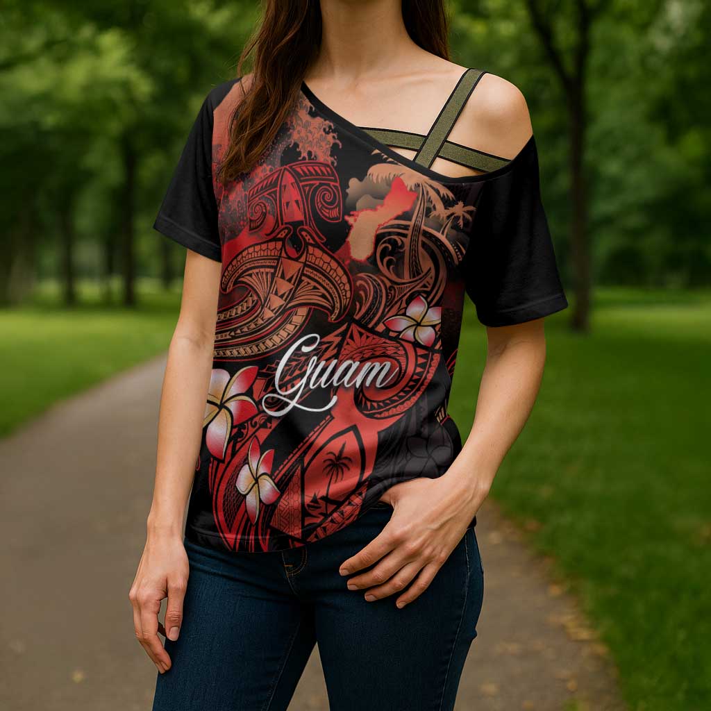 Guam Tribal Chamorro Cross Shoulder Shirt Polynesian Shark with Plumeria and Sea Vibe - Polynesian Pride