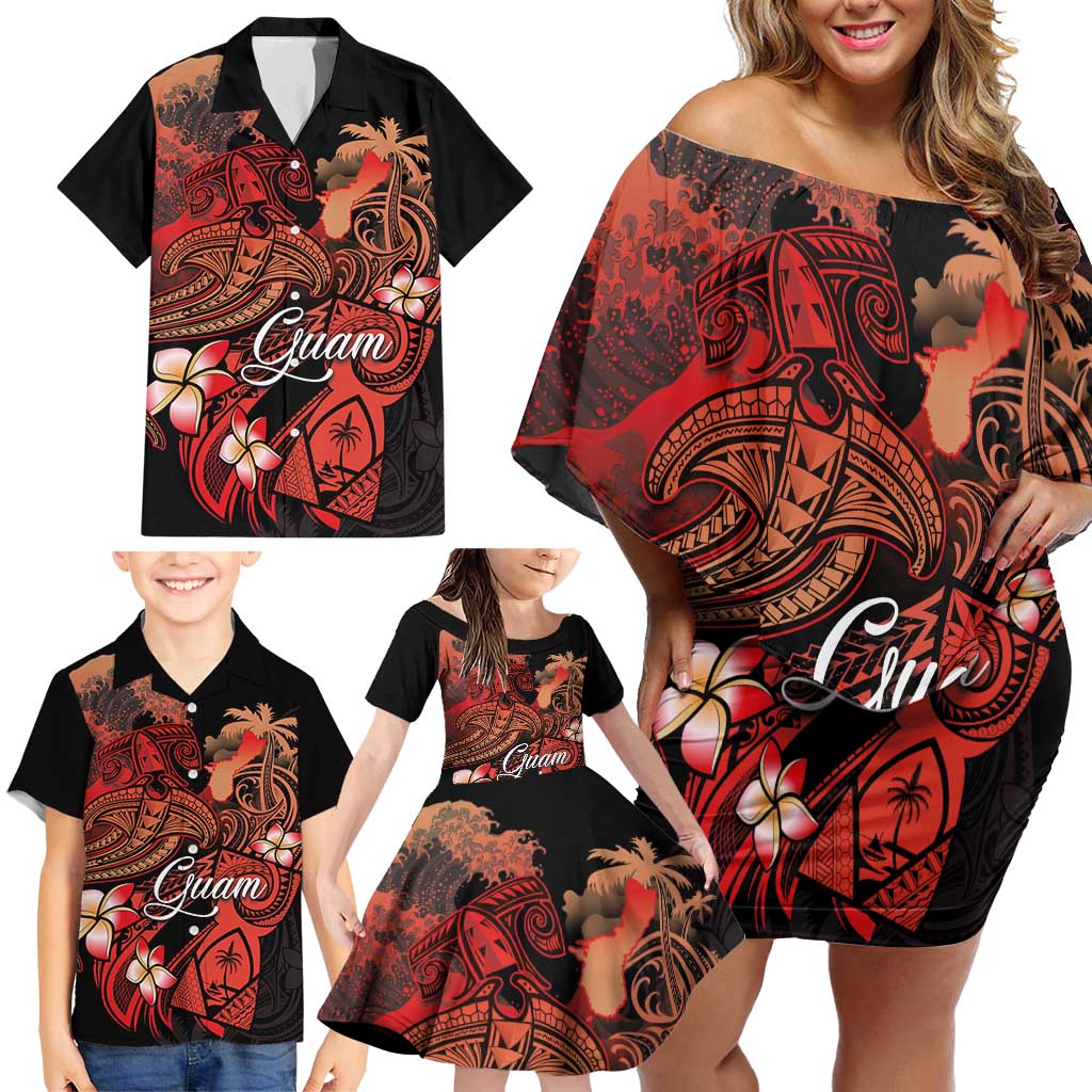 Guam Tribal Chamorro Family Matching Off Shoulder Short Dress and Hawaiian Shirt Polynesian Shark with Plumeria and Sea Vibe - Polynesian Pride