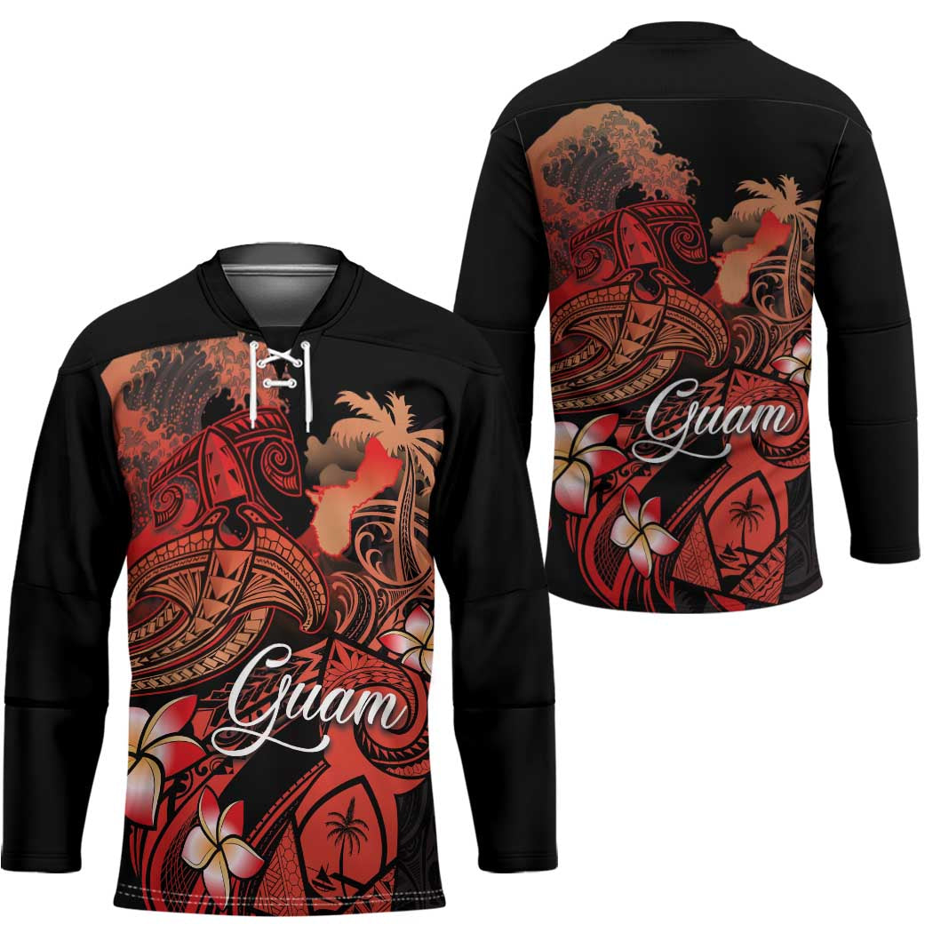 Guam Tribal Chamorro Hockey Jersey Polynesian Shark with Plumeria and Sea Vibe - Polynesian Pride