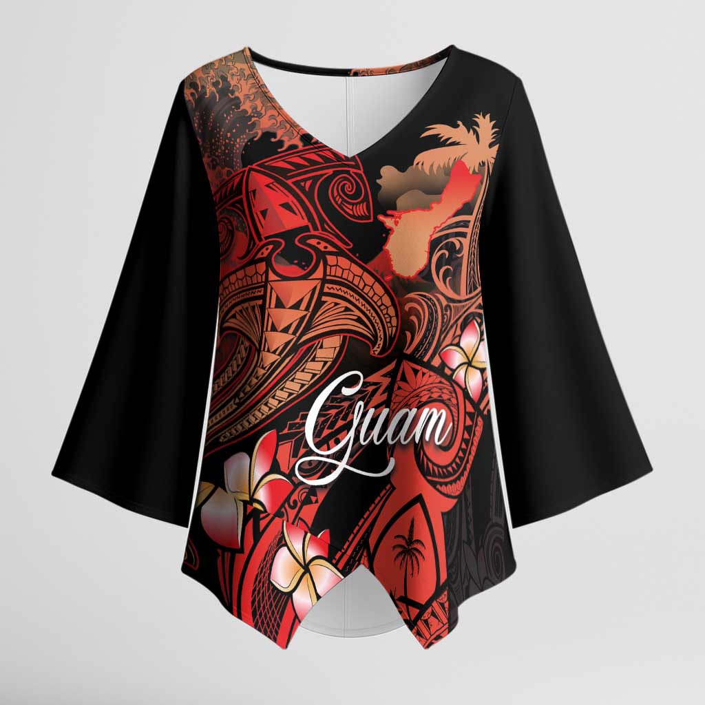 Guam Tribal Chamorro Kimono Sleeve Blouse Polynesian Shark with Plumeria and Sea Vibe - Polynesian Pride
