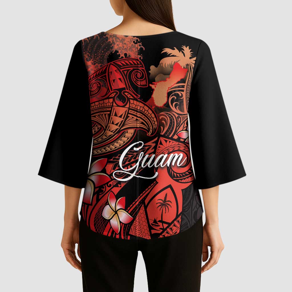 Guam Tribal Chamorro Kimono Sleeve Blouse Polynesian Shark with Plumeria and Sea Vibe - Polynesian Pride