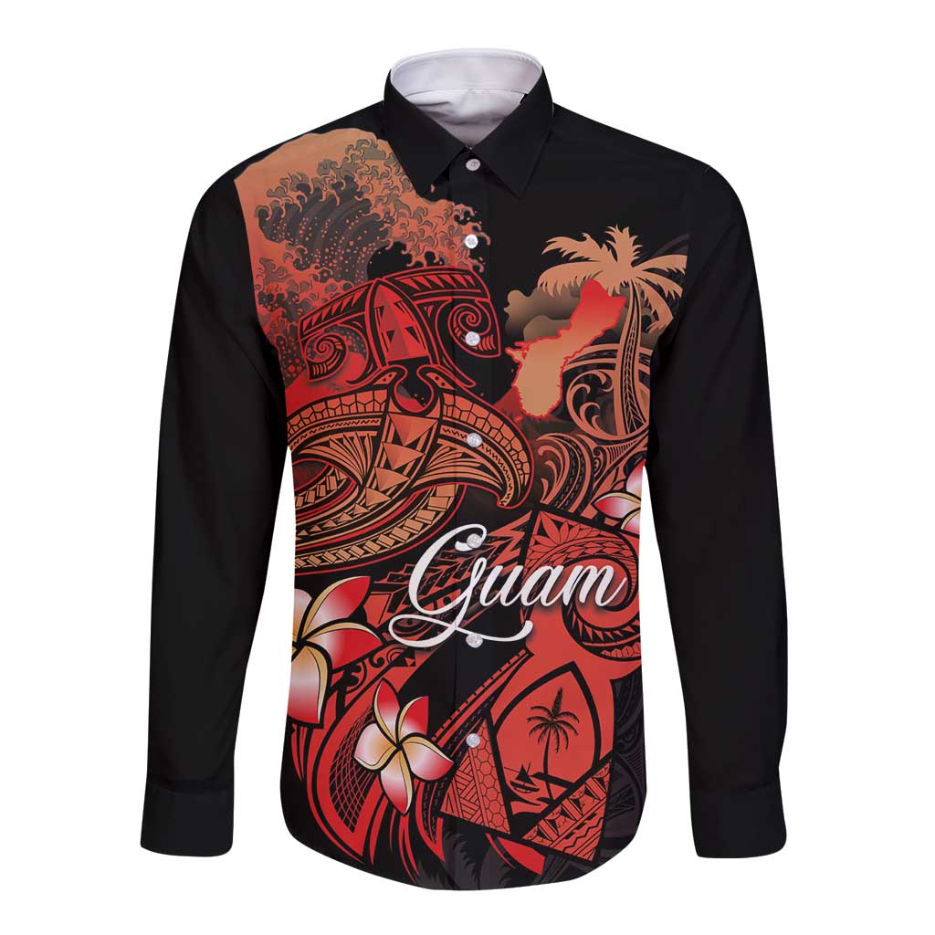 Guam Tribal Chamorro Long Sleeve Button Shirt Polynesian Shark with Plumeria and Sea Vibe - Polynesian Pride