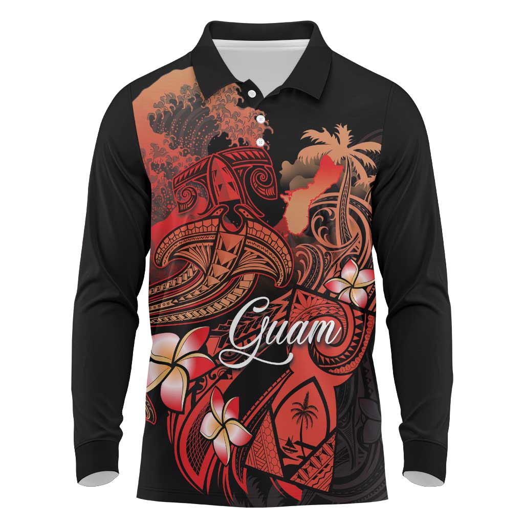 Guam Tribal Chamorro Long Sleeve Polo Shirt Polynesian Shark with Plumeria and Sea Vibe - Polynesian Pride