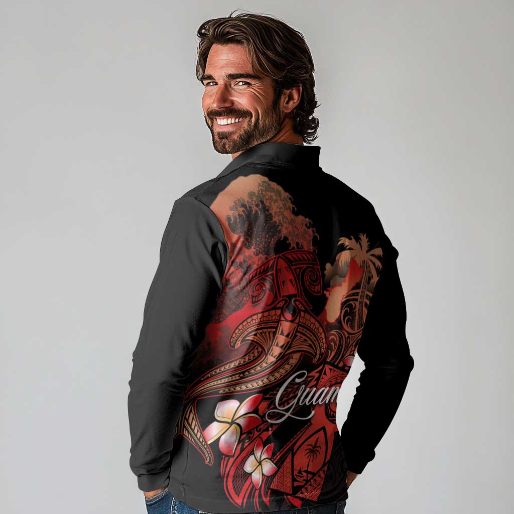 Guam Tribal Chamorro Long Sleeve Polo Shirt Polynesian Shark with Plumeria and Sea Vibe - Polynesian Pride